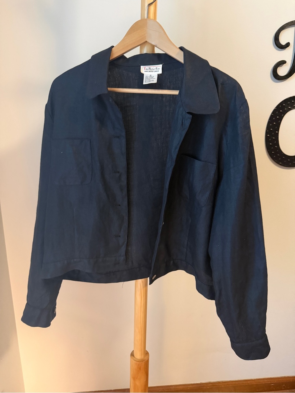 Talbots Black Irish Linen Jacket Size 16 Button Up Collared Unlined Blazer